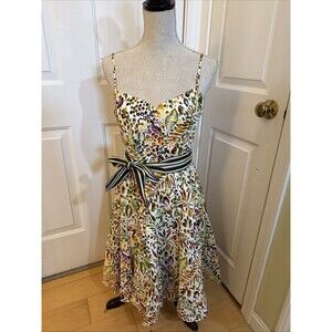 TROPICAL VIBES Talbots Petites Womens Size 8 Ivory Print Cotton sleeveless Dress